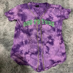 Odd Future Baseball Jersey Button-Up Shirt Size Large Purple Acid Wash Tie Dye